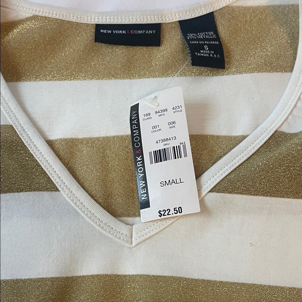 New York & Company Gold and Cream Striped V-Neck Top